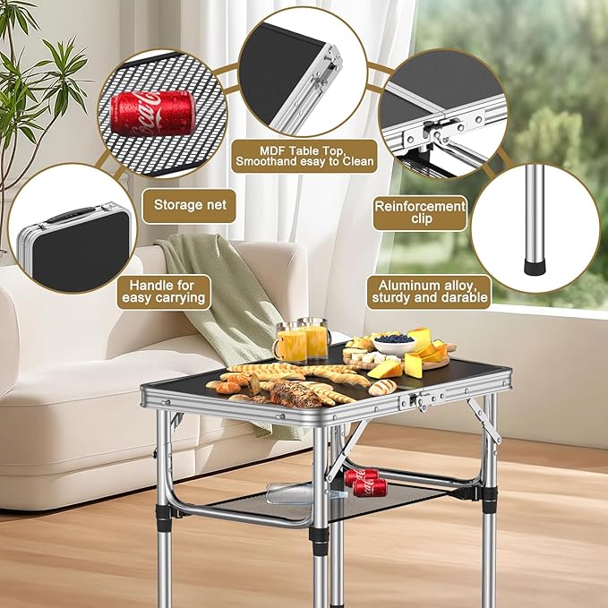 Folding Camping Table 2 FT Folding Portable Camping Table Outdoor&ampIndoor Picnic Table with 3 Adjustable Height Max 27.1Lightweight Aluminum Camping Tables Car Camping Essentials-Black