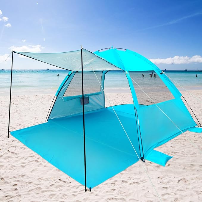 DLUCKY Beach Tent for 1-2-3 PersonAnti-UV Portable Sun Shade Shelter UPF 50+Both Sides Extendable Floor Extendable Awning Iron Rod Supportwith 2 Ventilating Mesh Windows Lightweight &amp Easy Se