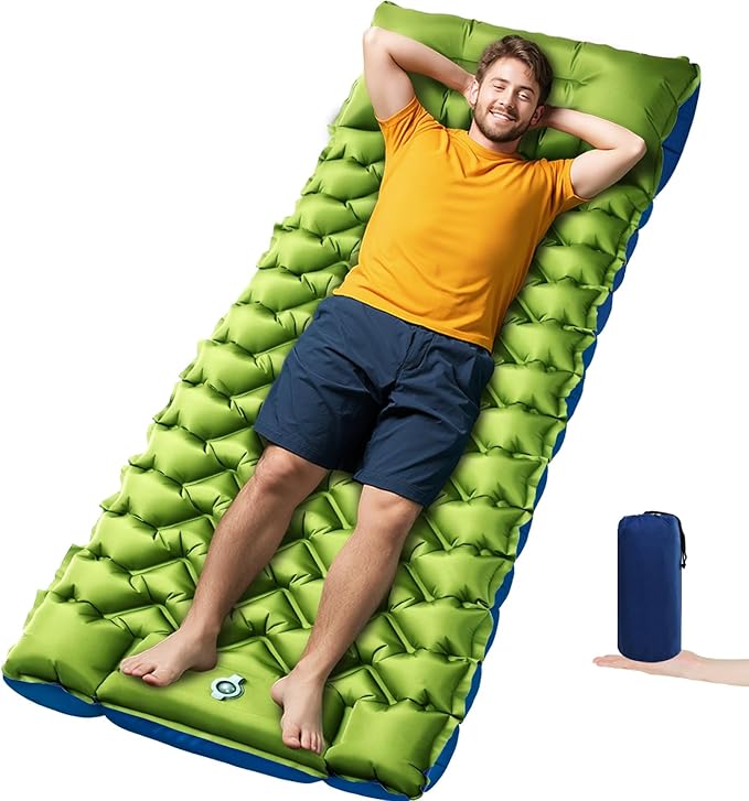 Camping Sleeping Pad 4in Thick Ultralight Inflatable Camping Mat with Pillow Built-in Foot Pump Sleeping Mat Wide Compact Camping Pad for Travel Tent Hiking Backpacking Trip Car Camp Gear
