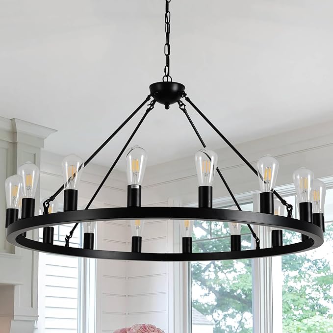 40 Black Wagon Wheel ChandelierE26 16-Light Large Round Rustic Farmhouse Chandelier Industrial Pendant Light Fixtures for Dining Room Living Room Kitchen Island Entryway Foyer