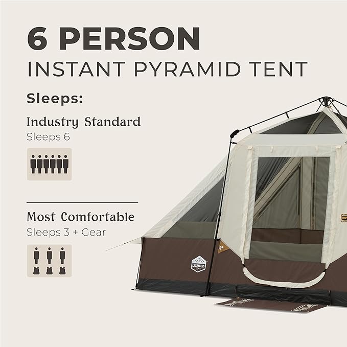CORE Instant Cabin Tent with LED Lights | Large Family Lighted Pop Up Tent with Carry Bag for Camping Glamping and Backyard Adventures | Included Storage Pockets for Camp Accessories
