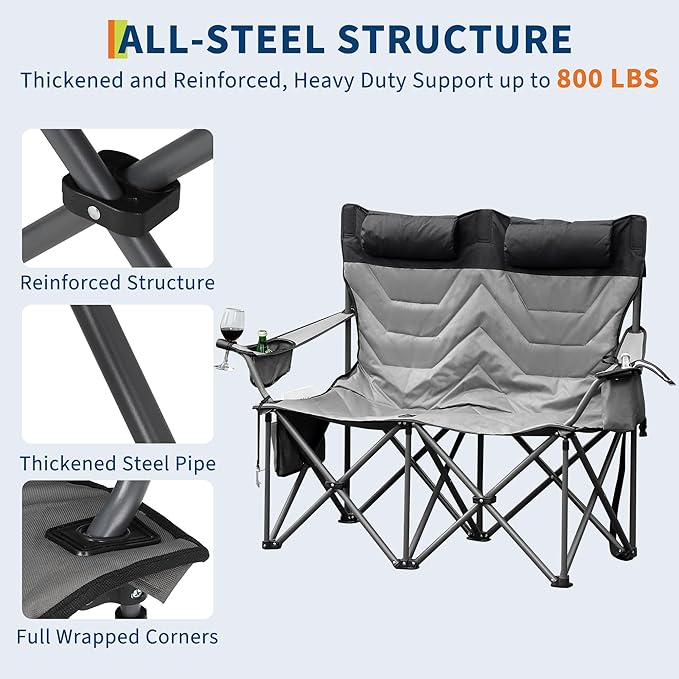 Oversized Double Camping Chairs Heavy Duty Padded Loveseat Chair - 900 LBS Support for Adult - Comfortable Camping Chair with High Back &amp Pillow