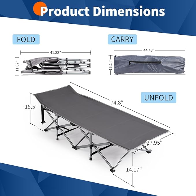 Outdoor Camping Cot for Sleeping Bed 330LBS Max Load Heavy-Duty Oxford Foliding Cots for Adults Portable with Mattress Carry Bag for Guest Travel Hiking (Gray)