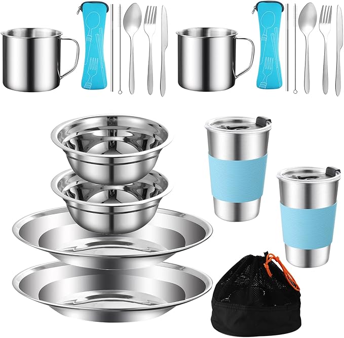 Camping Mess Kit Camping Dishes Set Stainless Steel Tableware Mess Kit Includes Plate Bowl Cup Spoon Fork Knife in Mesh Bags for Camping Backpacking &amp Hiking for 2 Person