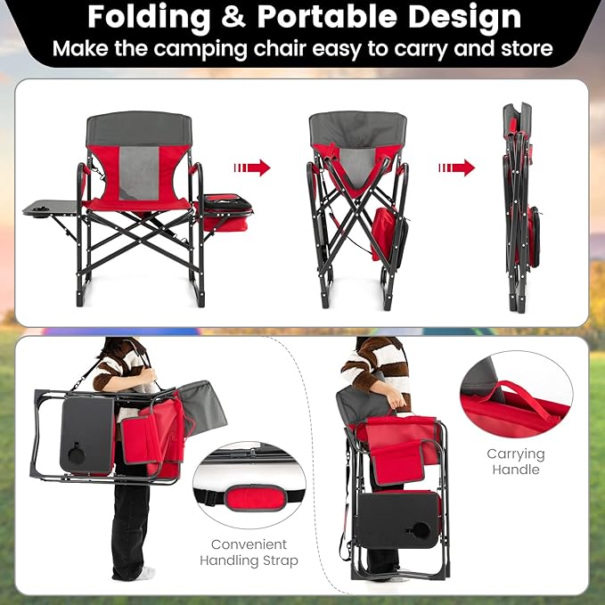 Tangkula Camping Chairs Folding Camp Chair with Side Table Cooler Bag Portable Outside Padded Lawn Chair for Travel Picnic Fishing Heavy Duty Oversized Director Chair for Adults Supports 400lbs