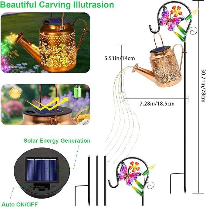 ANGMLN Butterfly Solar Lights Outdoor Waterproof Birthday Gifts for Mom Grandma Women Solar Watering Can Lights with Shepherd Hook Metal Hanging Lantern Garden Decor Yard Outside Patio Lawn