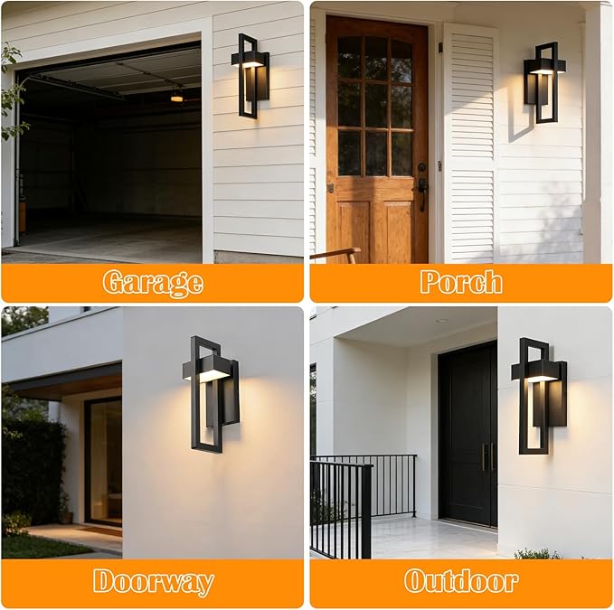 LED Modern Patio Lights Matte Black Outdoor LED Lights Waterproof Outside Lights for House Garage Porch Warm White 3000K 2 Pack