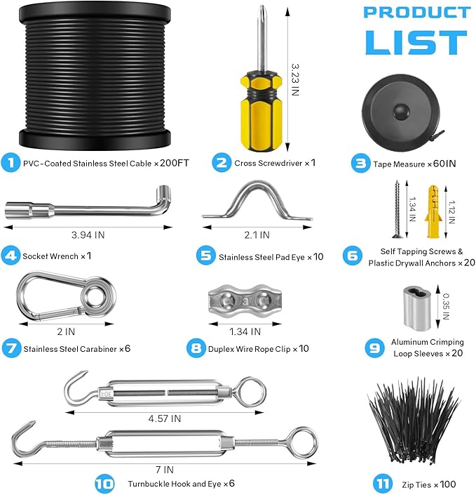 NEREUS String Light Hanging Kit with 200 Ft Vinyl Coated 304 Stainless Steel Cable String Light Suspension Kit Guide Wire with Turnbuckles and Hooks for Patio Backyard Lighting Accessories