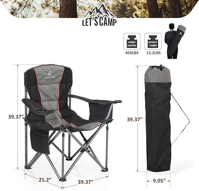 ALPHA CAMP Folding Camping Chair Oversized Heavy Duty Padded Outdoor Chair with Cup Holder Storage and Cooler Bag 450 LBS Weight Capacity Thicken 600D Oxford Black