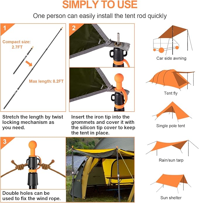 CAMULAND Tent Poles Heavy Duty Tarp Poles Canopy Poles Aluminum Tent Poles with Non-Slip Cone Bottom Adjustable Telescoping Tarp Poles