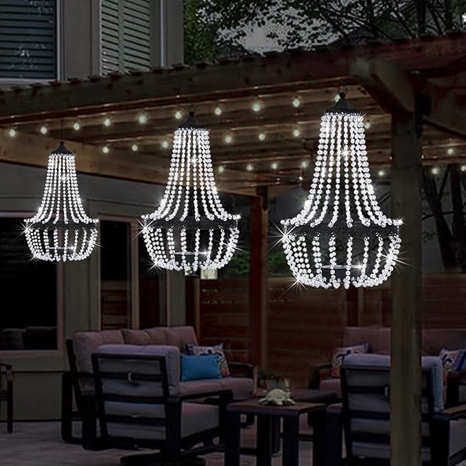 Hanging Solar Lantern Outdoor 28” Modern Clear Crystal Acrylic Chandelier with 30 Cool White Lights S Hook for Garden Yard Patio Gazebo Decorations