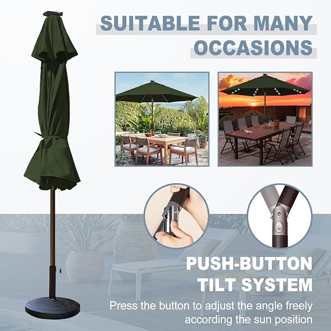 EliteShade USA 10-Year-Non-Fading 10Ft Market Umbrella with 80 LED Lights Patio Umbrella Outdoor Table Umbrella with Ventilation(Fern)