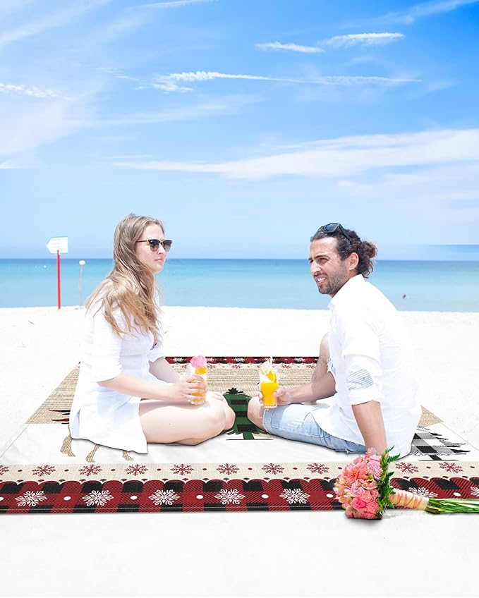 Beach Blanket Waterproof Sandproof OversizedChristmas Tree Elk Shadow Winter Snowflake Beach Mat with Corner Stakes Sand PocketsRed Buffalo Plaid Retro Linen Outdoor Picnic Mat for Travel 83x79In