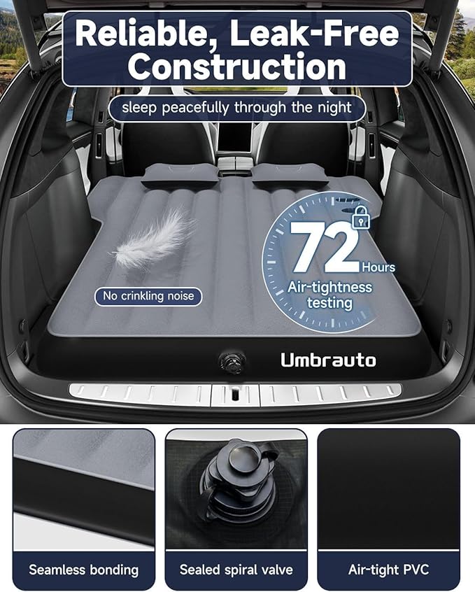 Umbrauto Custom Fit Air Mattress for Tesla Model Y/Juniper 2026 Upgraded Inflatable Camping Bed for Back Trunk Soft Flocking Surface+Reinforced Bottom Sleeping Pad w/Pump for Outdoor Travel