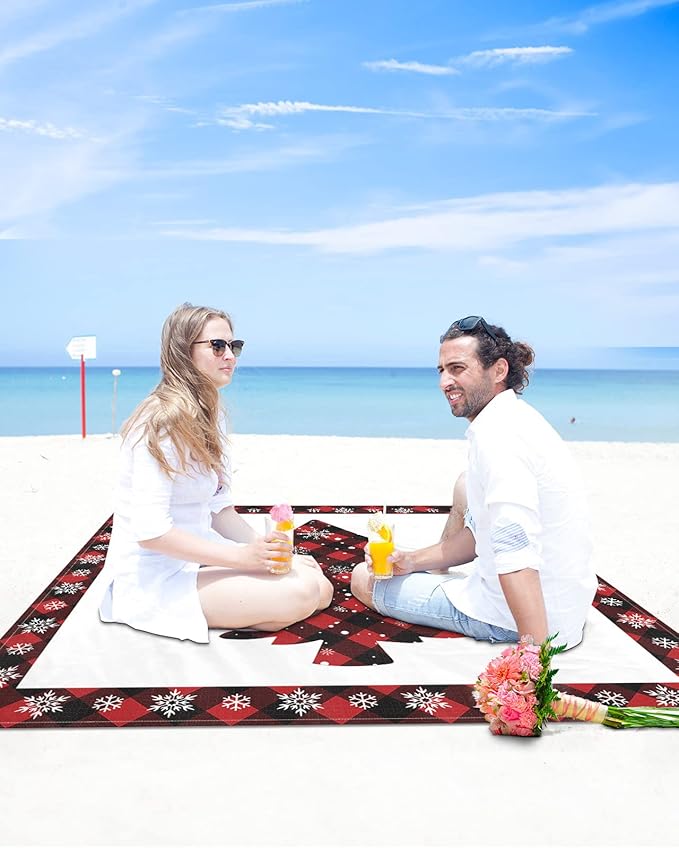 Beach Blanket Waterproof Sandproof Merry Christmas Red Buffalo Check Tree Quick Drying Beach Mat with 4 Stakes Winter Snowflake White Back Lightweight Picnic Blanket for Travel Camping 95x80