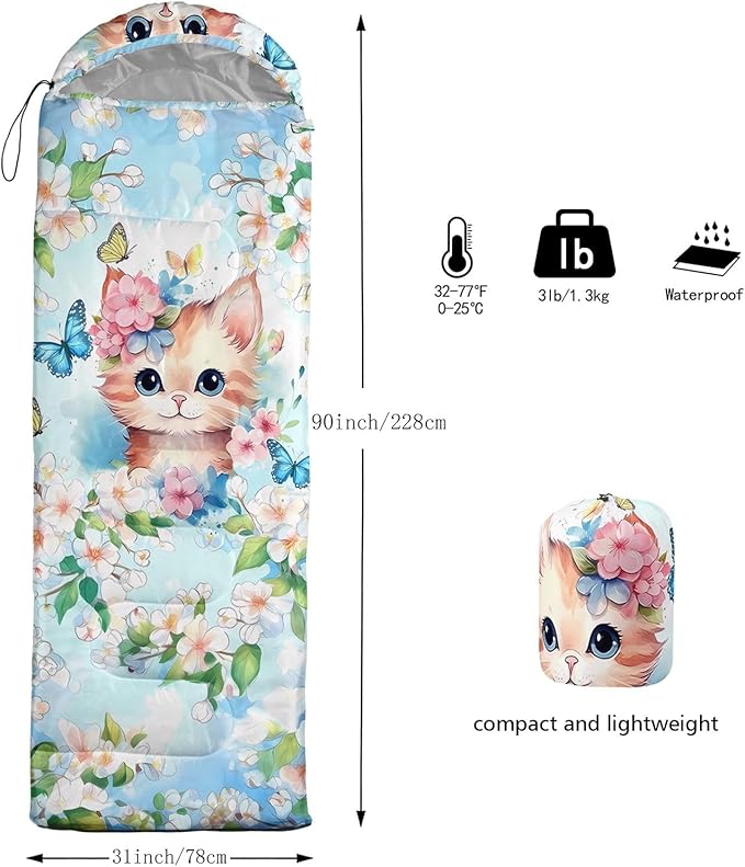 Kids Sleeping Bag for Boys GirlsCartoon Blue Unicorn Print-Lightweight Warm Portable Outdoor Indoor-Waterproof Cold Weather Resistant Sleeping Bag for Camping Hiking
