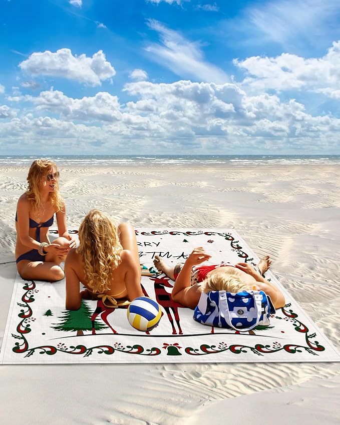 Beach Blanket Waterproof Sandproof Merry Christmas Plaid Reindeer Quick Drying Beach Mat with 4 Stakes Tree Holly Snowflake on Flax Lightweight Picnic Blanket for Travel Camping Outdoor 108x84