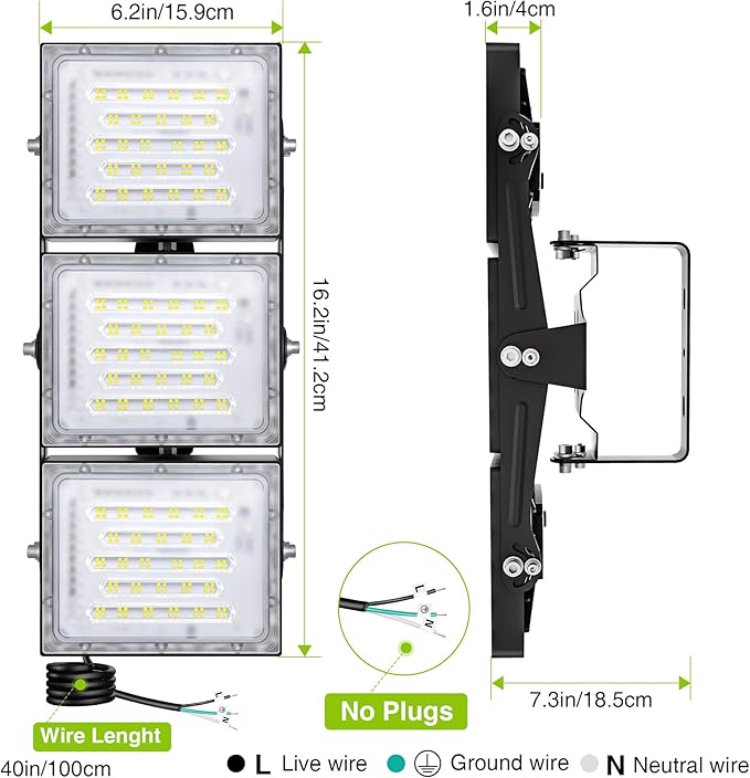 2 Pack LED Flood Lights Outdoor STASUN 150W 15000lm 6000K Daylight White IP66 Waterproof Commercial Parking Lot Lights 3 Heads for Yard Street Stadium Outdoor Area Floodlight Bright Security Lights