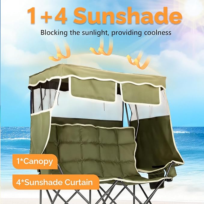 VINGLI Oversize Double Camping Chair with CanopyBeach Chair with Canopy Shade Portable Camping Loveseat with 2 Storage Bags for Outdoor Soccer Sport Events Beach or Camping