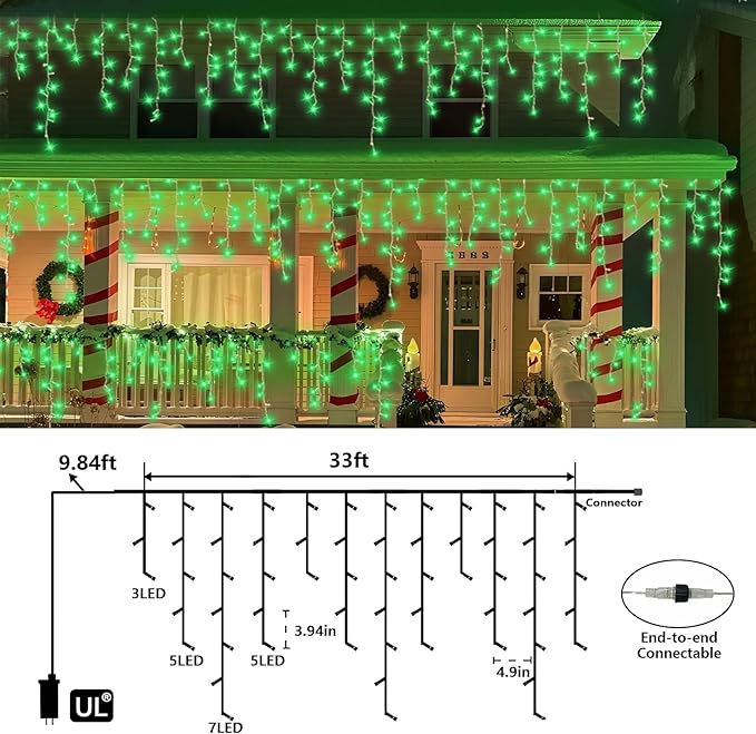 QITONG Green Icicle Lights 33ft 400 LED String Lights Outdoor with 8 Modes Clear Wire Connectable Christmas Lights Plug in Indoor
