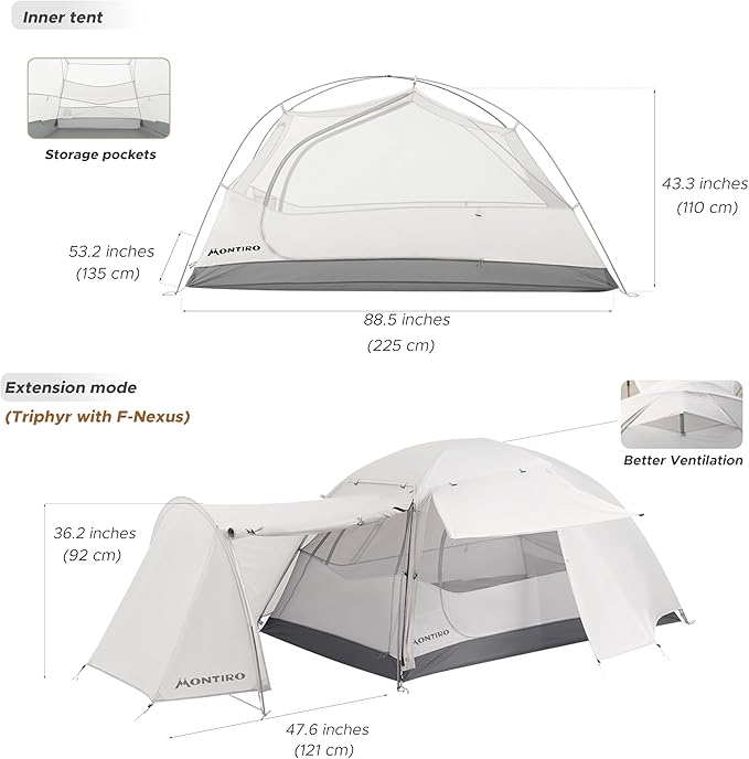 Triphyr Backpacking Tent with F-Nexus Extension 2-Person Combo Attachable Extension Shelter Lightweight 2 Person Tent for Backpacking Camping Hiking &amp Biking