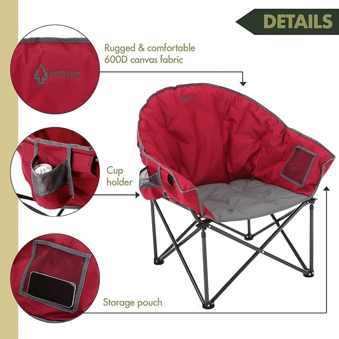 ARROWHEAD OUTDOOR Oversized Heavy-Duty Club Folding Camping Chair with Pocket Cup Holder Portable Padded Moon Round Saucer Supports 330lbs Carrying Bag