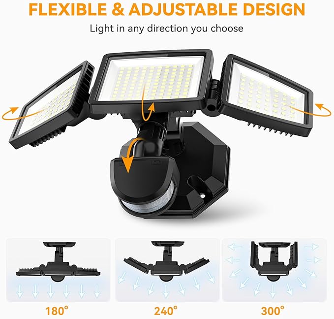 LED Security Lights Motion Sensor Light Outdoor 7000LM 6500K Waterproof Flood Light Outdoor Motion Detector with Adjustable 3 Head Hardwired Wall Light for Entryway Yard Garage