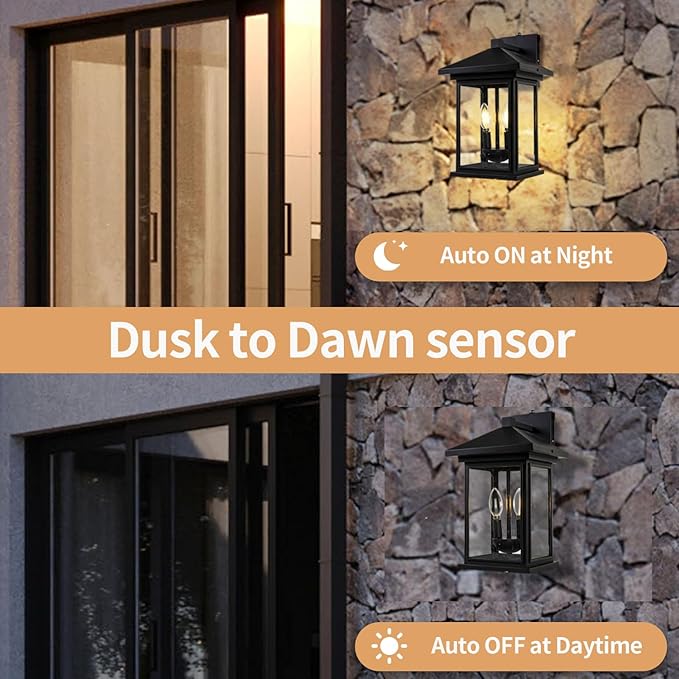Dusk to Dawn Outdoor Wall Lantern Exterior Wall Sconce Fixture with Tempered Clear Seeded Glass Matte Black Finish for Outdoors (Large Wall Mount)