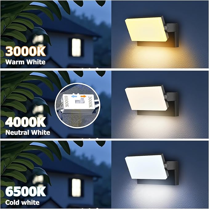 3CCT LED Outdoor Wall Lights 4800LM 360° Adjustable 3 Color Modes IP66 Waterproof Security Wall Pack Flood Lights for Garage Porch Patio Black