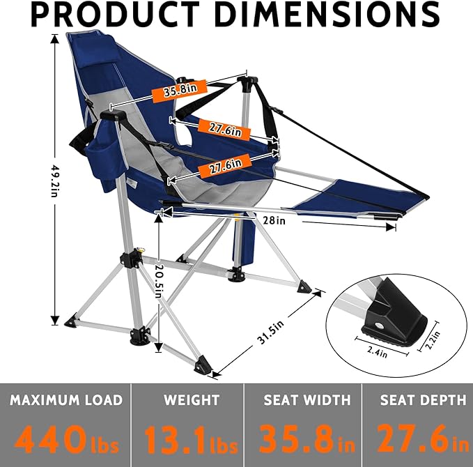 Romswi 2-Pack Aluminum Hammock Chair with Footrest Oversized Portable Folding Swinging Chair with Adjustable Back &amp Seat Lightweight Rocking Camp Chair Supports 440lbs for Outdoor Patio - Blue