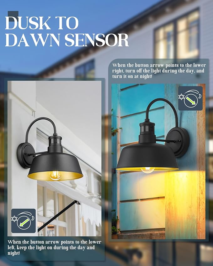 10 Motion Sensor Outdoor Light Fixture Dusk to Dawn Wall Light Fixtures with E26 Base Socket IP65 Waterproof Exterior Porch Lights Outdoor for Garage Entrance Doorway Entryways HS2213-1