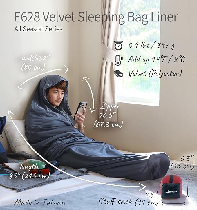 Litume Velvet Velour Sleeping Bag Liner Add Up to 14°F/ 8°C Mummy Sleeping Sack Backpacking Camping Traveling Hotel Hostal Lightweight Sleep Sack with Drawstring Hood E625