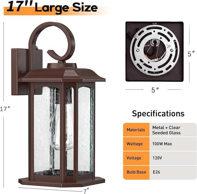 16.8'' Large Dusk to Dawn Outdoor Wall Lights Brown Exterior Lighting Fixtures Wall Sconce with Seeded Glass Waterproof Front Porch Light Outside Lantern for House Patio Garage 1Pack
