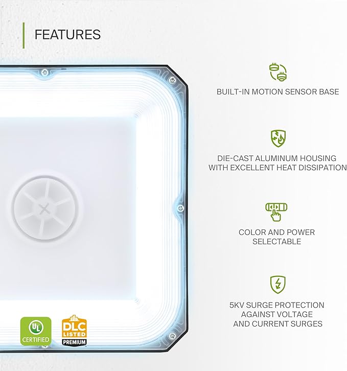ASD LED Canopy Light 100/70/60W with Q-Base – 3000/4000/5000K 14448Lm 10x10 120-277V IP65 Dimmable 0-10V UL &amp DLC Listed (Optional Motion Sensor-Extra Purchase)