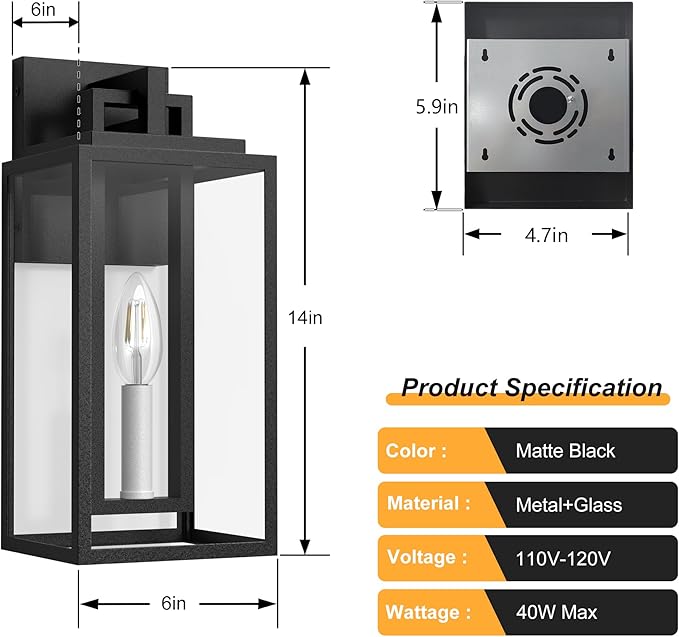 Modern Outdoor Wall Lights 14In Exterior Lighting Fixtures with White E12 Base Wall Mount Lantern Waterproof Outside Sconce for House Porch Patio Yard Front Door