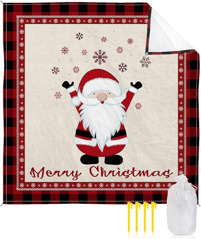 Beach Blanket Waterproof Sandproof OversizedMerry Christmas Cute Santa Winter Snowflake Beach Mat with Corner Stakes Sand PocketsRed Buffalo Plaid Black Check Outdoor Picnic Mat for Travel 95x80In