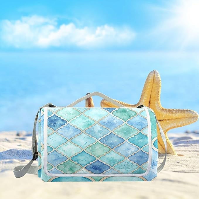 MNSRUU Picnic Blanket Waterproof Foldable Green and Blue Moroccan Large Outdoor Picnic Beach Camping Blanket Travel Mat Shoulder Strap Tote Rectangle 57x59in