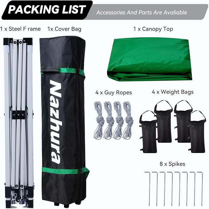 Nazhura 10' x 10' Pop Up Canopy Tent with Sand Weight Bag Awing for Patio Freestanding Sun Shelter for Picnic and Camping One Person Setup White (Green)