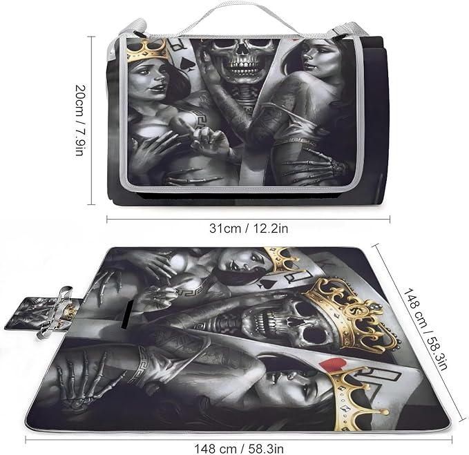 Gothic Skulls Damask Style Black White Waterproof Outdoor Picnic Blanket Sandproof Beach Mat for Camping Hiking Grass Travelling