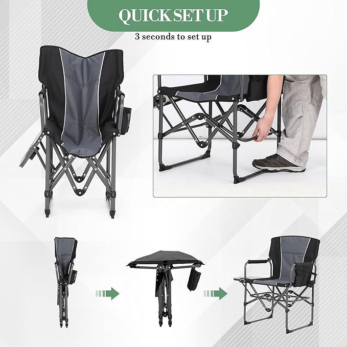 Folding Camping Chairs for Adults Portable Lawn Chair with Side Table Side Pocket &amp Beverage Holder Heavy Duty Director Chair for Outside Rv Beach Yard Garden Deck
