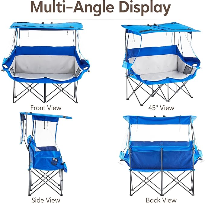 TUKAILAi Double Camping Chair with Canopy Shade Oversized Folding 2 Person Loveseat with Cup Holders and Side Pockets Portable Outdoor Couch for Beach Lawn Picnic Fishing (Blue + Grey)