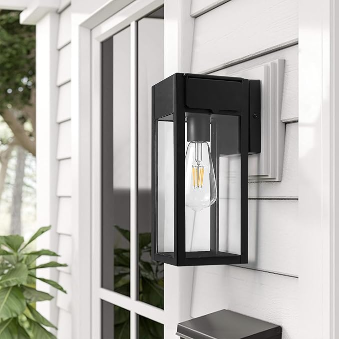 2 Pack Porch Lights Outdoor Wall Sconce Outdoor Light with GFCI Outlet Waterproof Exterior Wall Lantern Light Fixtures Anti-Rust Wall Lamp with Clear Glass for Patio Doorway Garage- Black