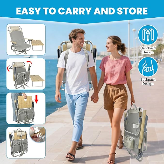 2 Pack Low Backpack Beach Chair with Folding Bamboo Table for Adults 5-Position Lay Flat Reclining Chair Lightweight with Cooler Bag Supports 265 lbs