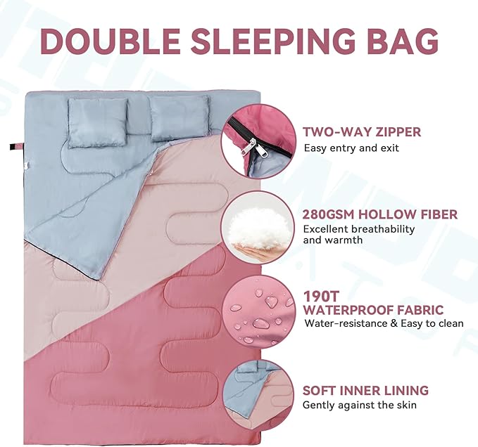 Double Sleeping Bag for Adults Kids - Lightweight 2 Person Sleeping Bag with Pillow Queen Size Waterproof Camping Sack Two Person for Girls Boys Youths Teens Compact for Cold Weather &amp Warm