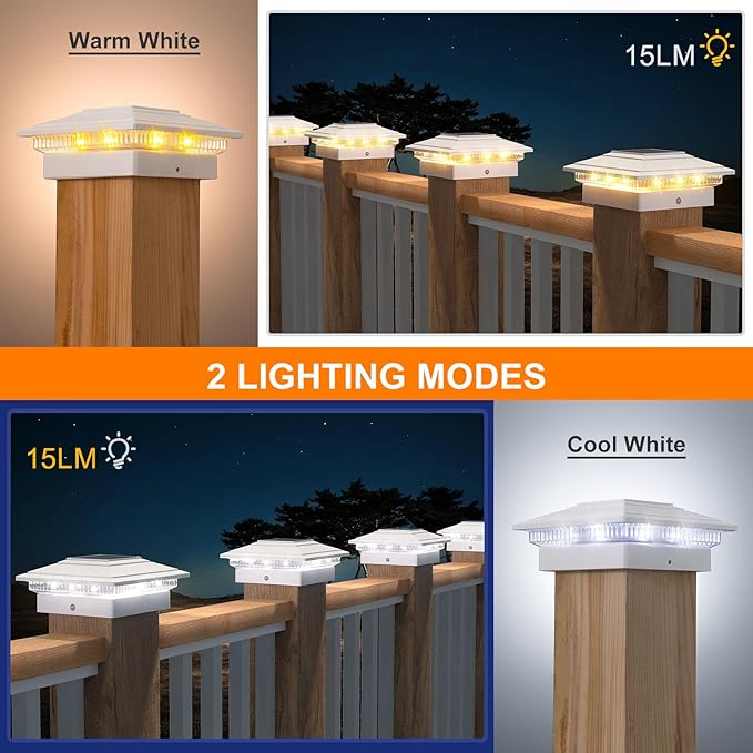 APONUO Solar Post Cap Lights 16-Pack White IP64 Waterproof 16 LED Fence Post Solar Lights for 4x4 5x5 6x6 Wood/Vinyl Posts 2-Mode Deck Post Lights Solar Powered 10-Hr Lighting for Patio Yard Porch