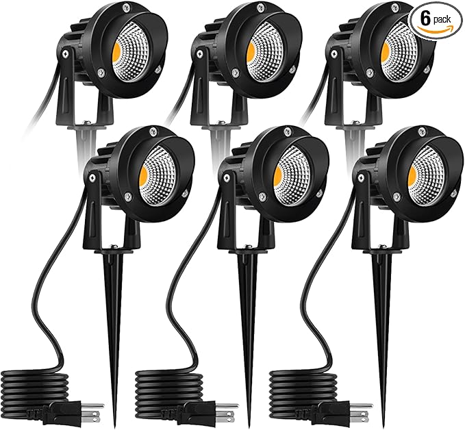 Romwish 120V LED Landscape Lights 10W 120V Outdoor Landscape Lighting with Ground Spike 3000K Warm White IP65 Waterproof Outdoor Spotlight for Lawn Garden Yard Flag Light (Pack of 6)