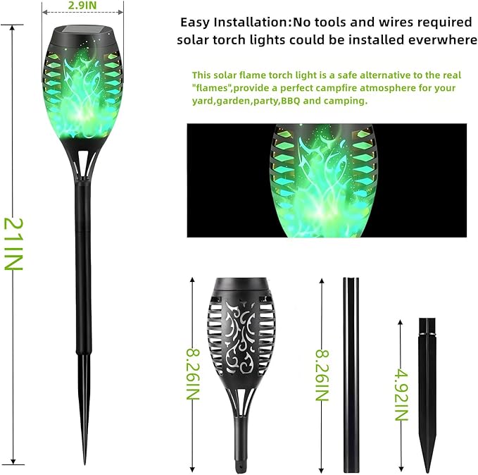 Solar Torch Light with Flickering Flame4Pack Solar Lights OutdoorWaterproof Solar Powered Yard Garden LightsSolar Flame LightTorches Lighting for Outside Patio Lawn Path Decorations (Green)