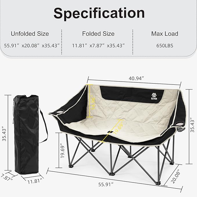 Elevon Camping Chair Oversized Loveseat Double 2 Person Outdoor Chair with Arms Cup Holder and Carry Bag Heavy-Duty Collapsible Chair for OutsideBlack/White