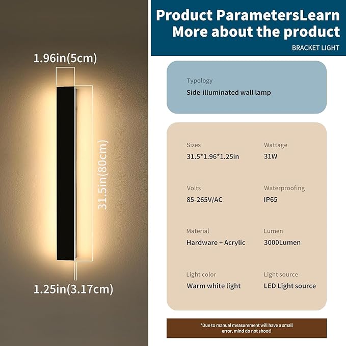 Outdoor Wall Sconces 31.4 inch LED Modern Wall Lights Fixture 3000K Warm White IP65 Waterproof Black Linear Long Strip Wall Lamp Lighting for Patio Garage Front Door