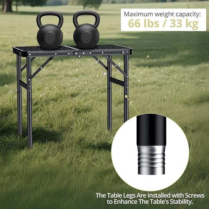 Anbte 2ft Folding Grill Table Max 29.5 3 Adjustable Height Lightweight Camping Table with Heat-Resistant Mesh Tabletop Portable Handle Waterproof for Cooking BBQ Outdoor 22.8 X 16 Black